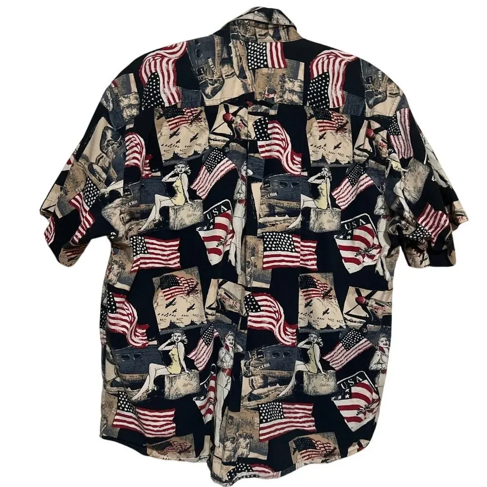 North River Red White Blue Planes Flags Short Sleeve Button Down‎ Shirt Size L